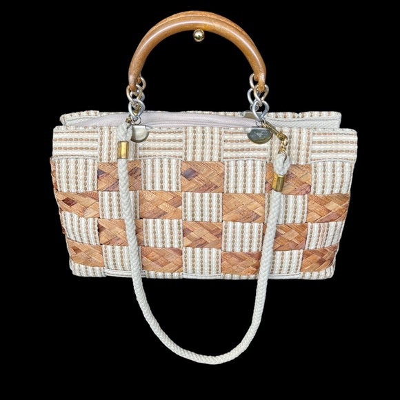 Vintage bag woven natural fiber top wooden handle with crossbody strap - Picture 1 of 9